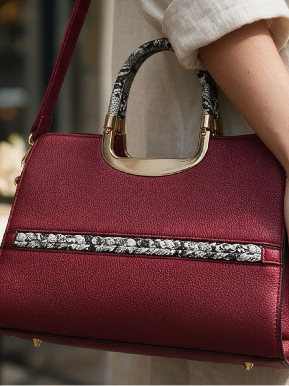 Burgundy Satchel with Gold and Black-White Snakeskin Accents detachable strap